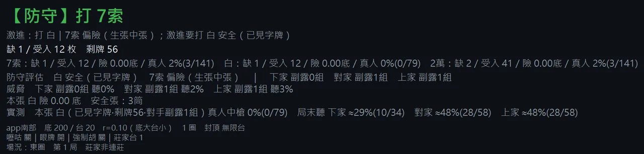 即時出牌建議 HUD:建議張、候選張的缺數與進張、對手威脅與放槍風險
